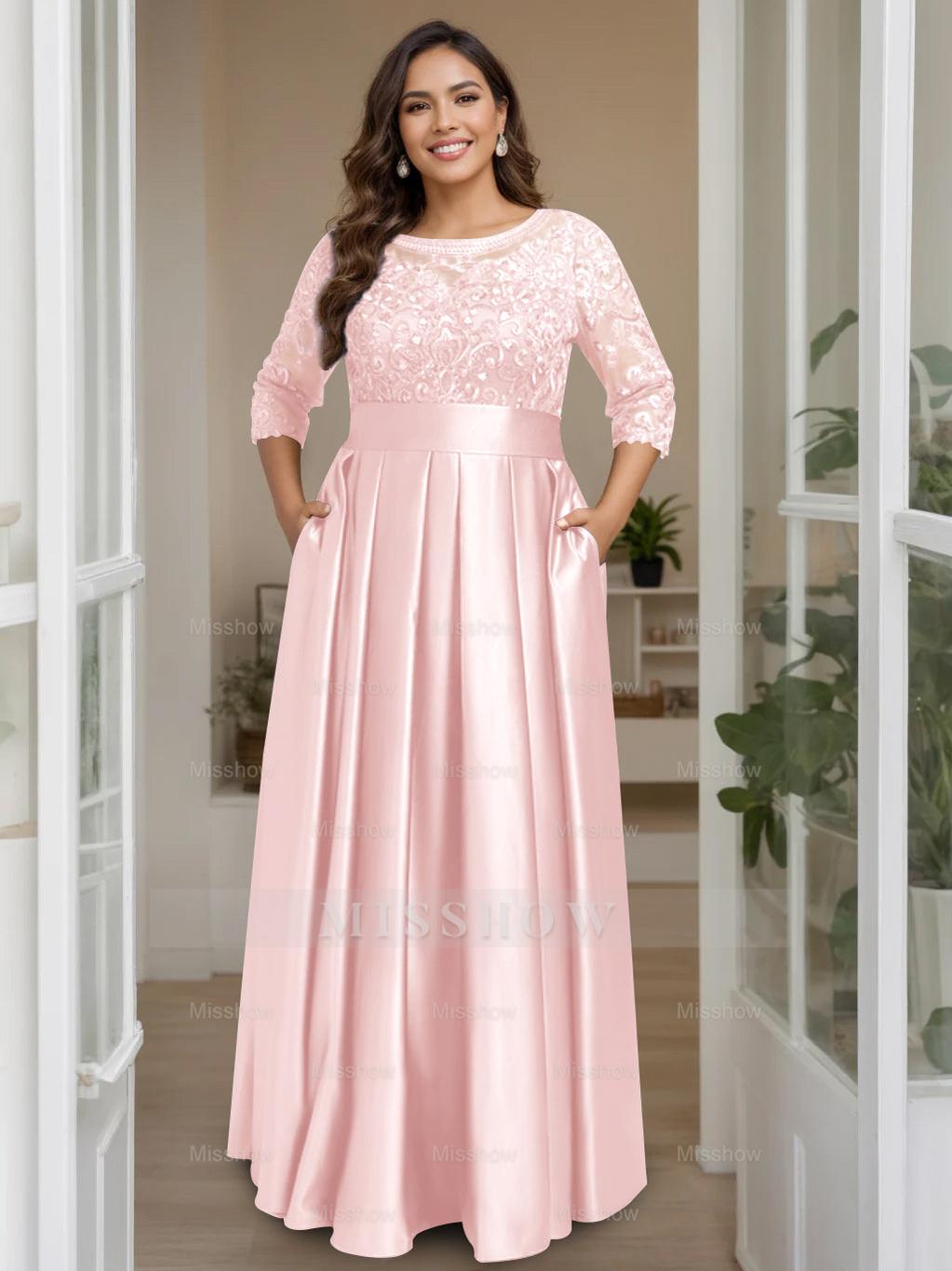 Plus Size Floor-Length Mother of the Bride A-Line Dress with 3/4 Sleeves Scoop Neck Bow & Sequins