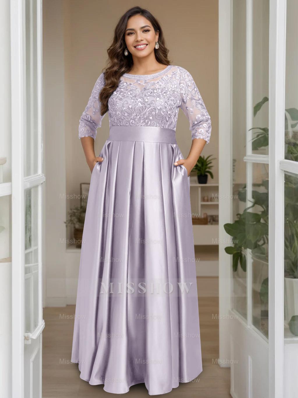 Plus Size Floor-Length Mother of the Bride A-Line Dress with 3/4 Sleeves Scoop Neck Bow & Sequins