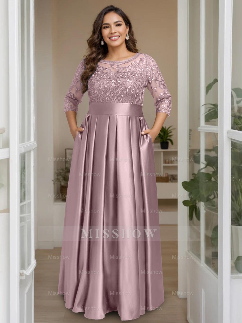 Plus Size Floor-Length Mother of the Bride A-Line Dress with 3/4 Sleeves Scoop Neck Bow & Sequins