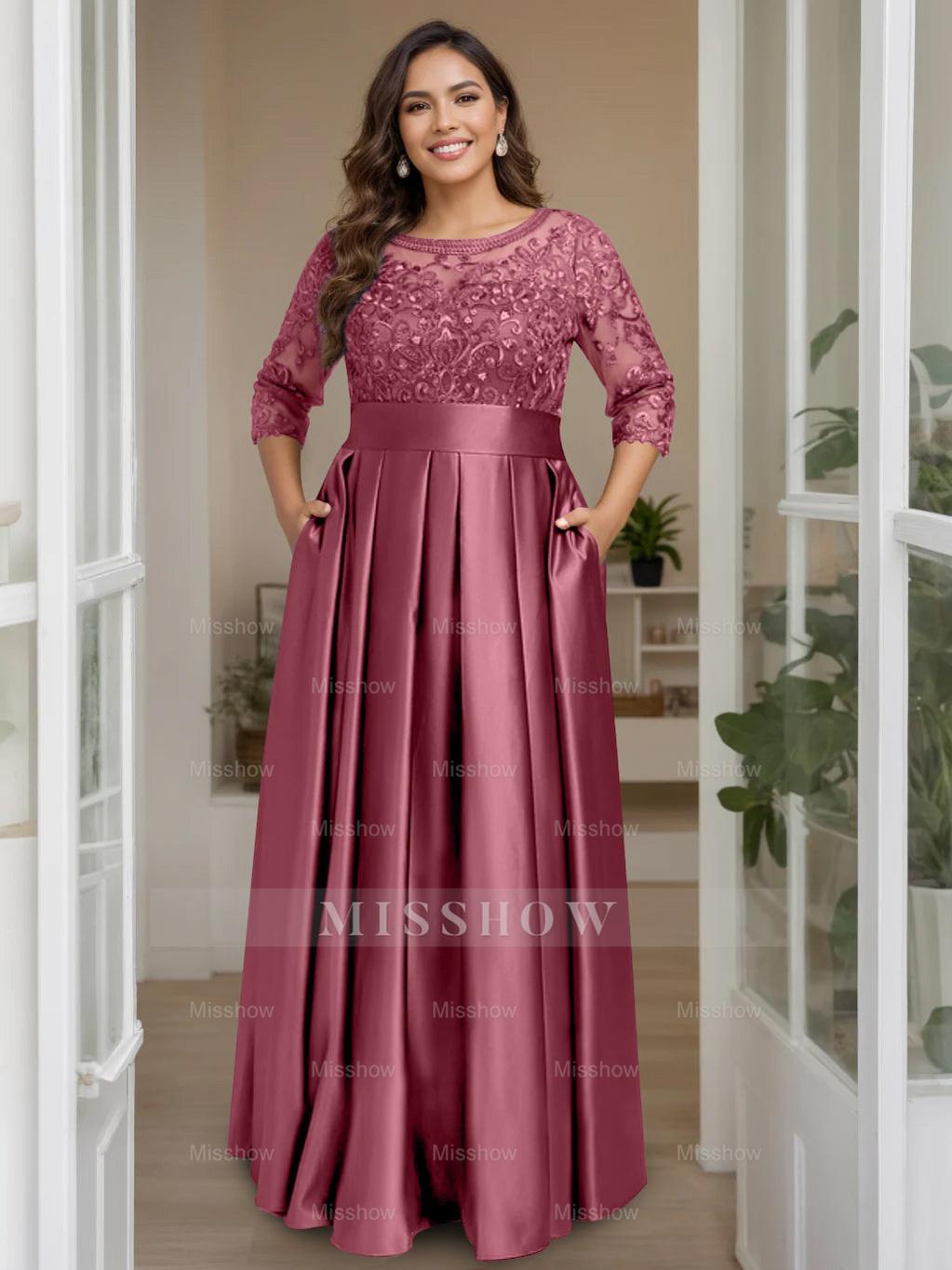Plus Size Floor-Length Mother of the Bride A-Line Dress with 3/4 Sleeves Scoop Neck Bow & Sequins