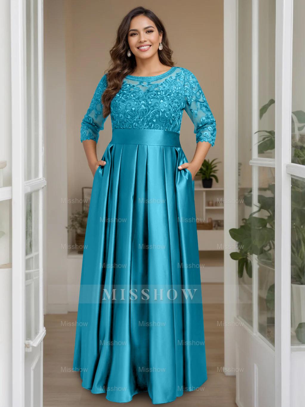 Plus Size Floor-Length Mother of the Bride A-Line Dress with 3/4 Sleeves Scoop Neck Bow & Sequins