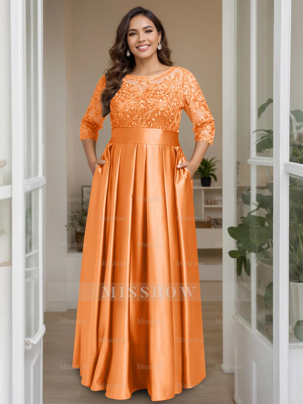 Plus Size Floor-Length Mother of the Bride A-Line Dress with 3/4 Sleeves Scoop Neck Bow & Sequins