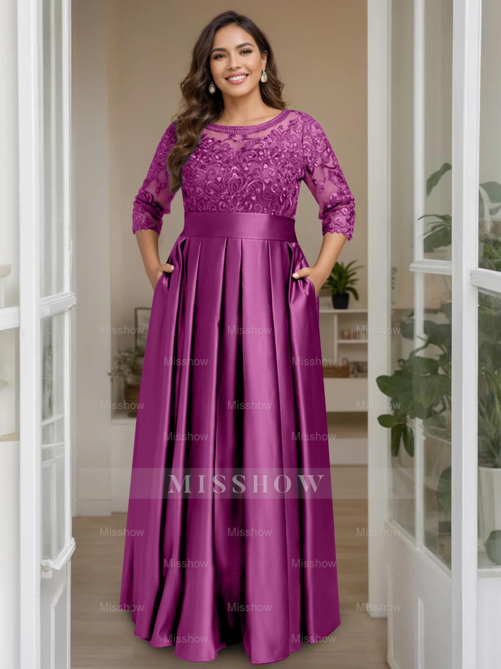 Plus Size Floor-Length Mother of the Bride A-Line Dress with 3/4 Sleeves Scoop Neck Bow & Sequins