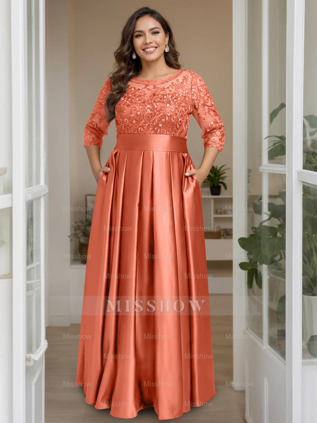 Plus Size Floor-Length Mother of the Bride A-Line Dress with 3/4 Sleeves Scoop Neck Bow & Sequins