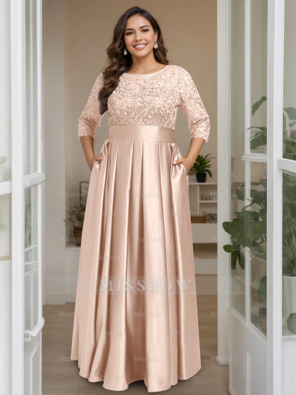 Plus Size Floor-Length Mother of the Bride A-Line Dress with 3/4 Sleeves Scoop Neck Bow & Sequins