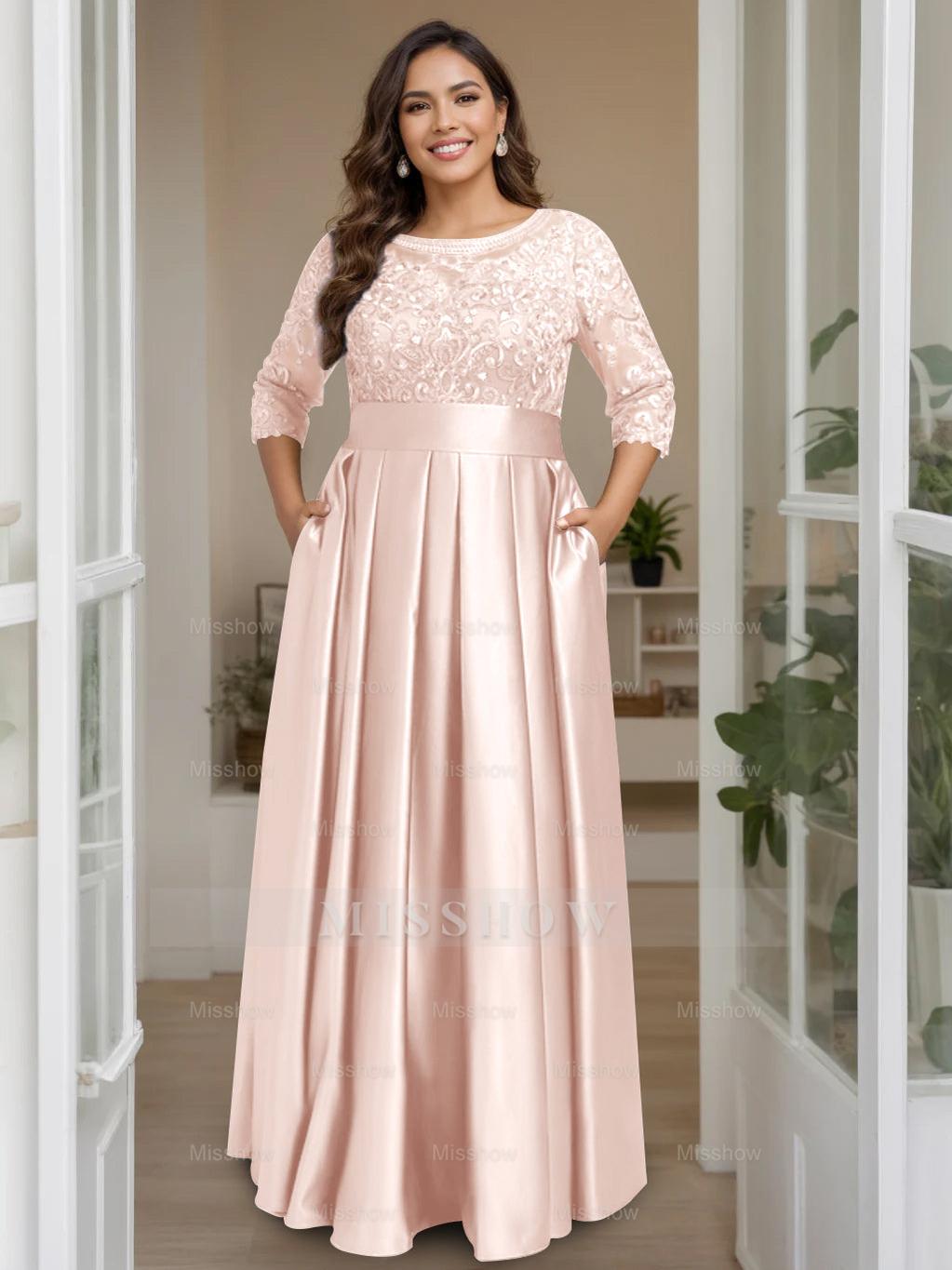 Plus Size Floor-Length Mother of the Bride A-Line Dress with 3/4 Sleeves Scoop Neck Bow & Sequins
