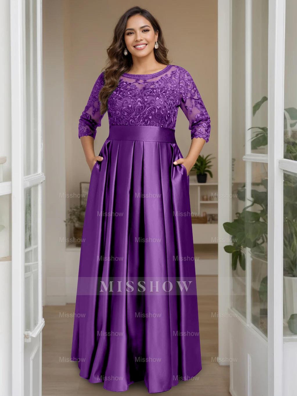 Plus Size Floor-Length Mother of the Bride A-Line Dress with 3/4 Sleeves Scoop Neck Bow & Sequins