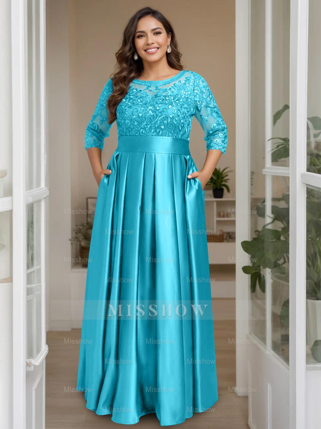 Plus Size Floor-Length Mother of the Bride A-Line Dress with 3/4 Sleeves Scoop Neck Bow & Sequins