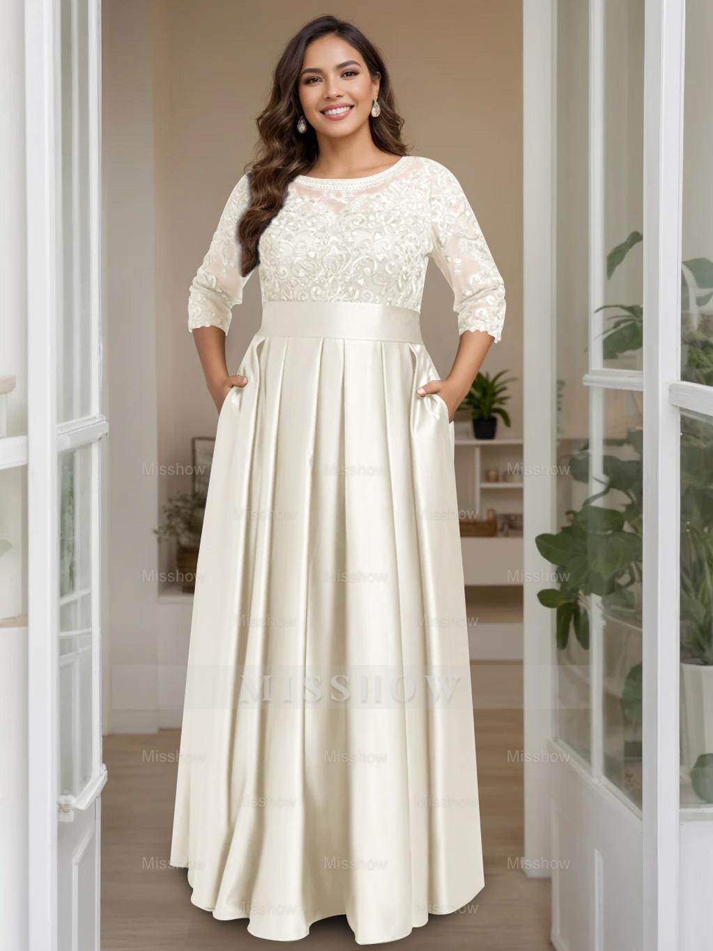 Plus Size Floor-Length Mother of the Bride A-Line Dress with 3/4 Sleeves Scoop Neck Bow & Sequins
