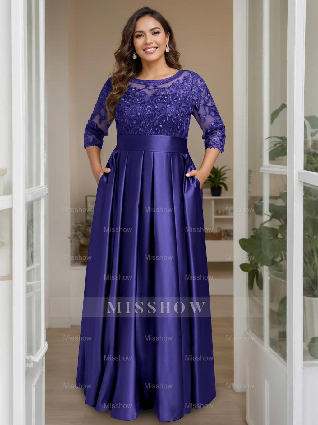 Plus Size Floor-Length Mother of the Bride A-Line Dress with 3/4 Sleeves Scoop Neck Bow & Sequins