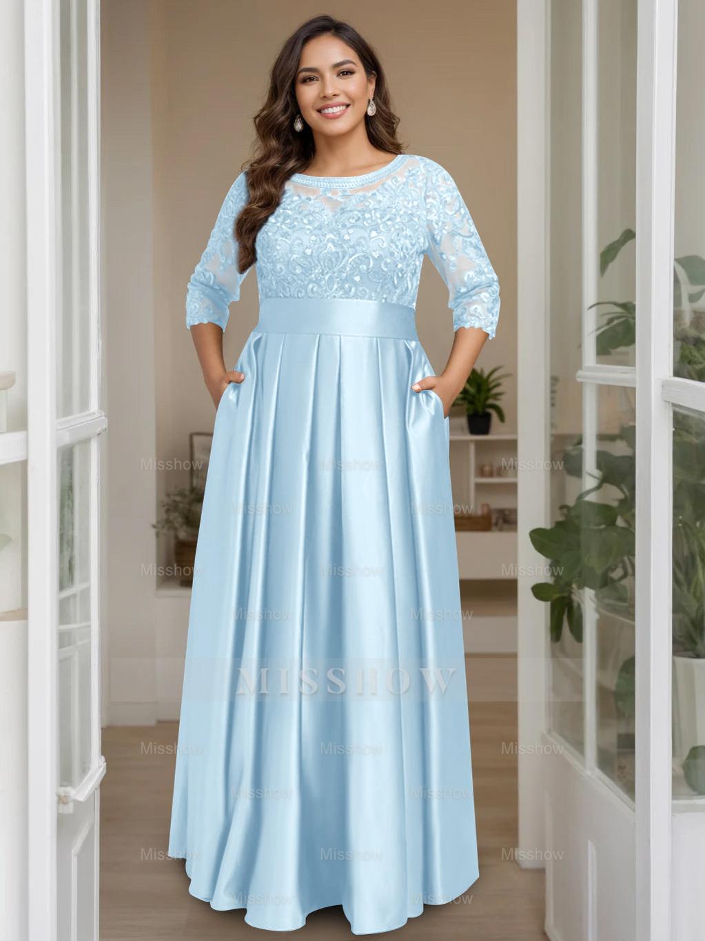 Plus Size Floor-Length Mother of the Bride A-Line Dress with 3/4 Sleeves Scoop Neck Bow & Sequins
