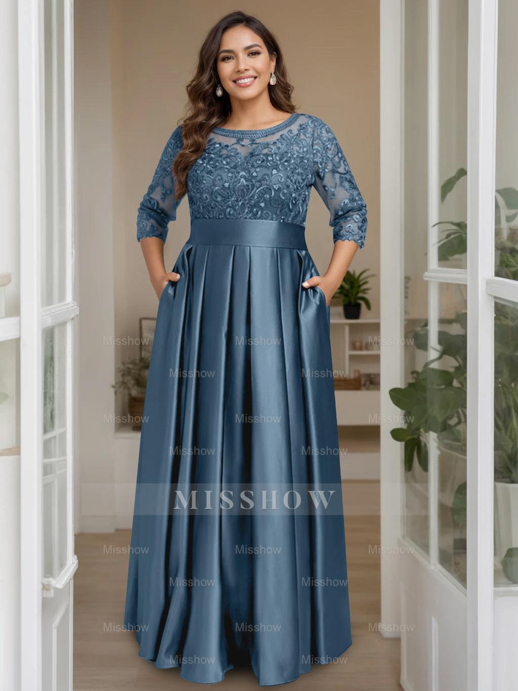 Plus Size Floor-Length Mother of the Bride A-Line Dress with 3/4 Sleeves Scoop Neck Bow & Sequins
