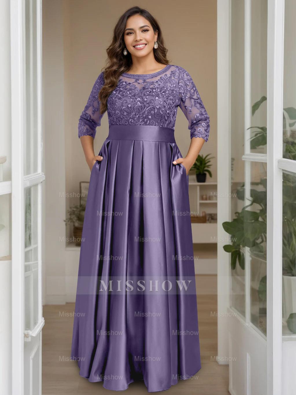 Plus Size Floor-Length Mother of the Bride A-Line Dress with 3/4 Sleeves Scoop Neck Bow & Sequins