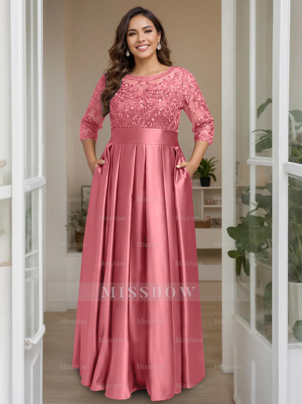 Plus Size Floor-Length Mother of the Bride A-Line Dress with 3/4 Sleeves Scoop Neck Bow & Sequins