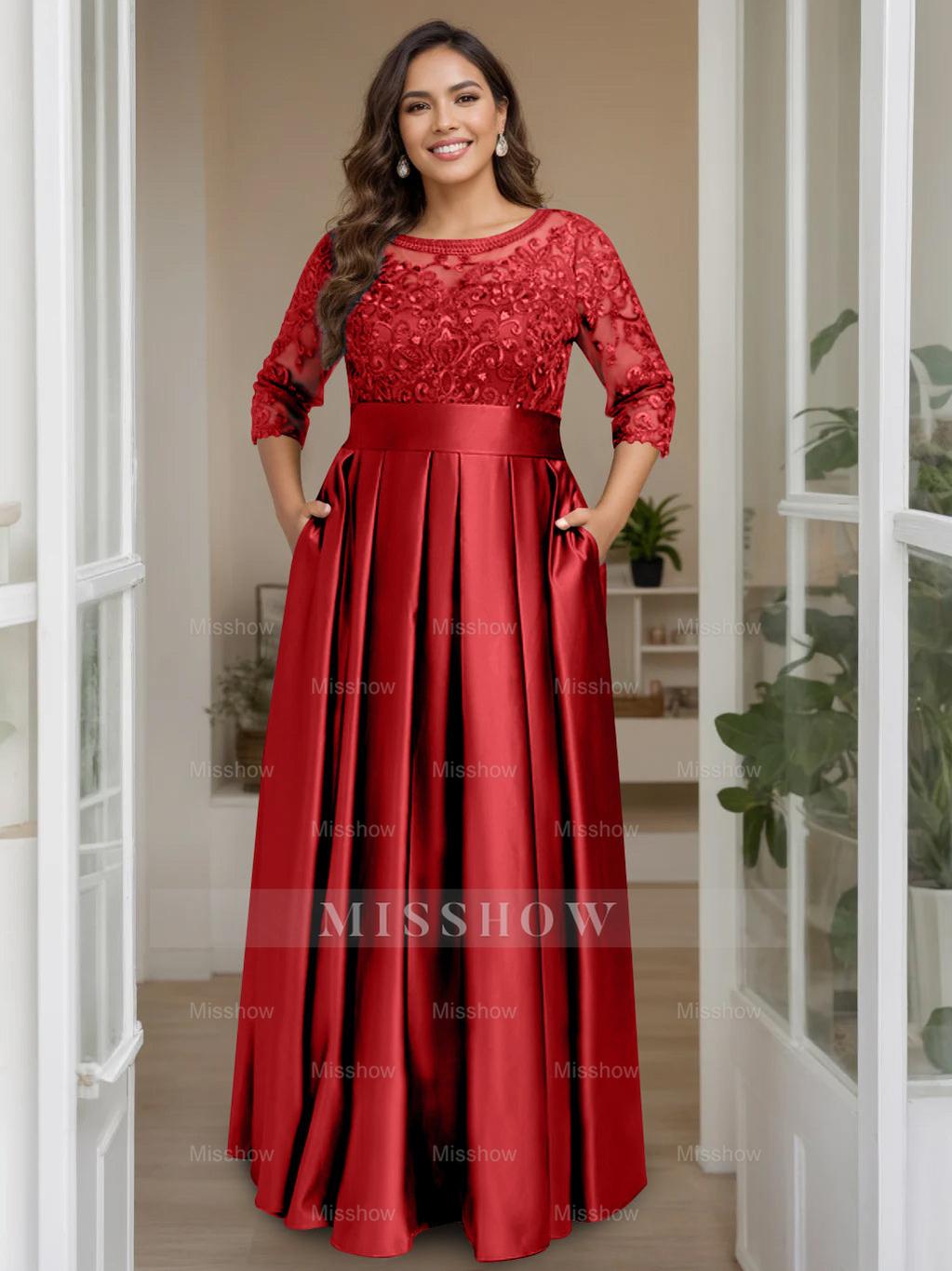 Plus Size Floor-Length Mother of the Bride A-Line Dress with 3/4 Sleeves Scoop Neck Bow & Sequins
