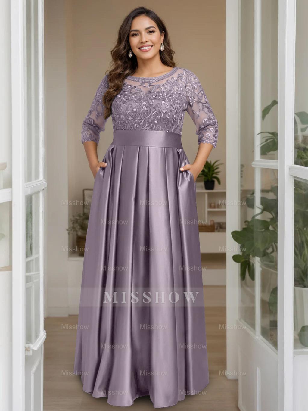 Plus Size Floor-Length Mother of the Bride A-Line Dress with 3/4 Sleeves Scoop Neck Bow & Sequins