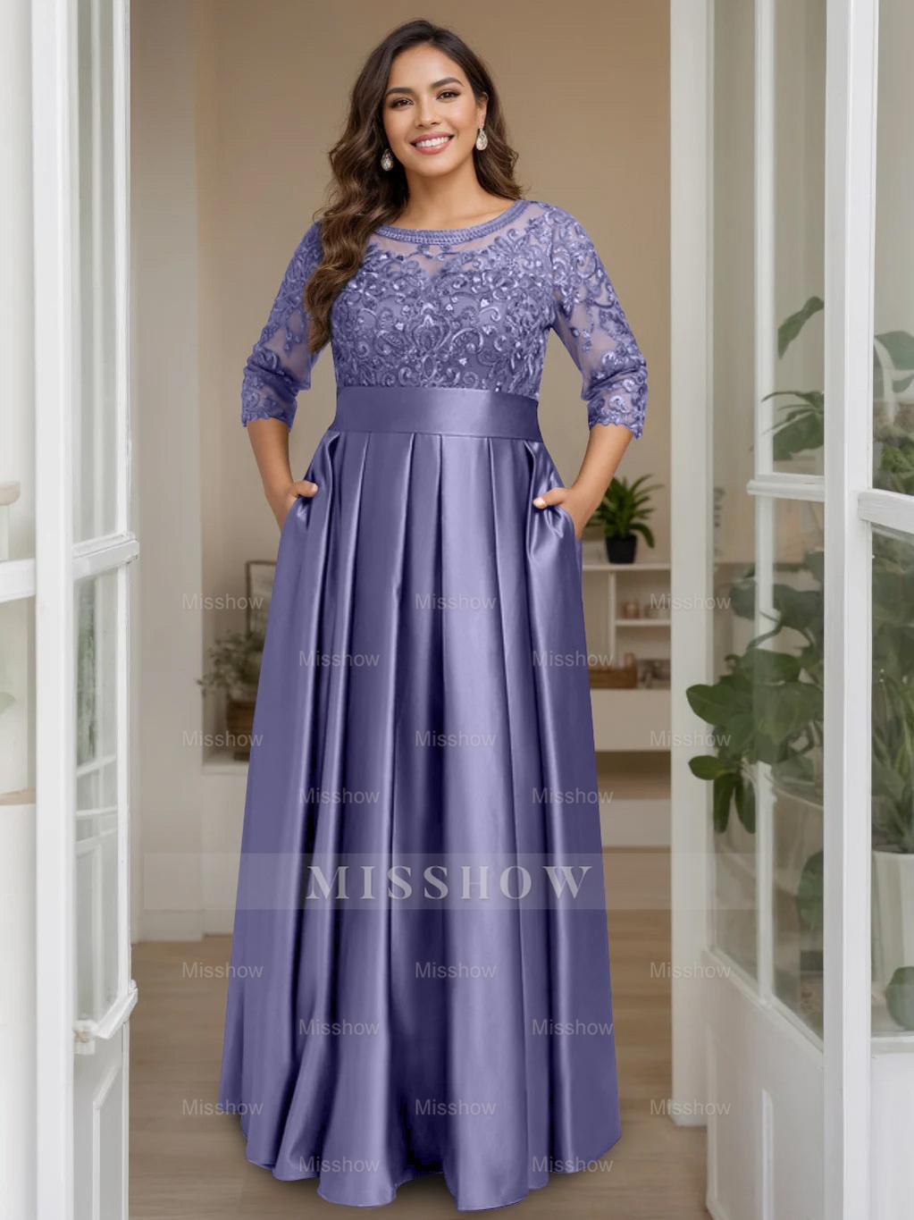 Plus Size Floor-Length Mother of the Bride A-Line Dress with 3/4 Sleeves Scoop Neck Bow & Sequins
