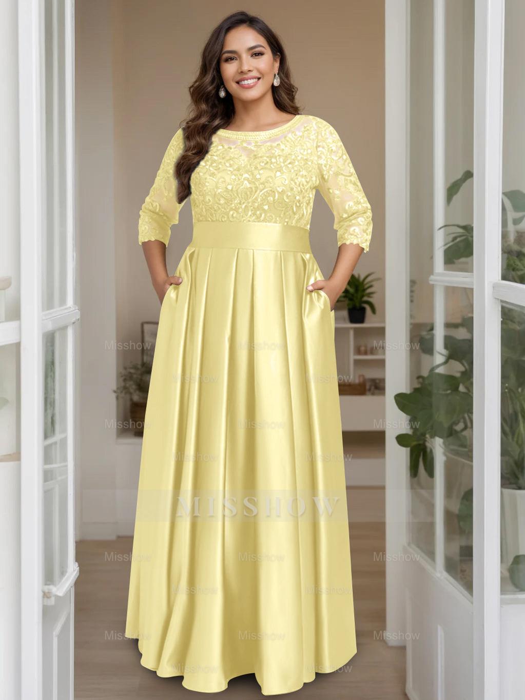 Plus Size Floor-Length Mother of the Bride A-Line Dress with 3/4 Sleeves Scoop Neck Bow & Sequins