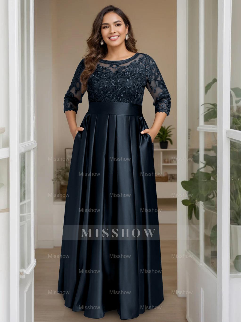Plus Size Floor-Length Mother of the Bride A-Line Dress with 3/4 Sleeves Scoop Neck Bow & Sequins