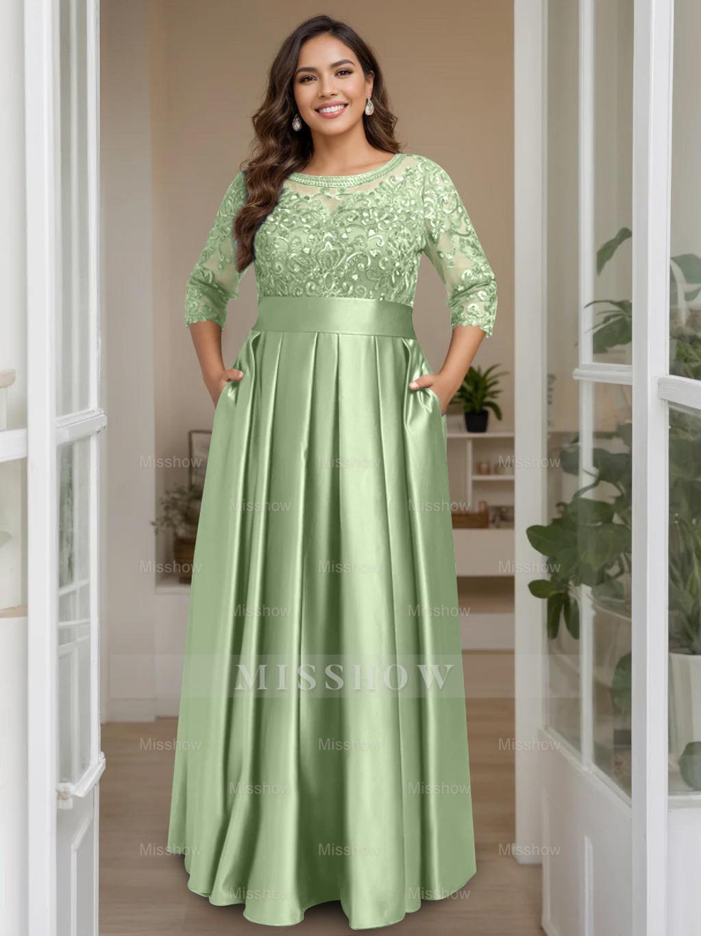 Plus Size Floor-Length Mother of the Bride A-Line Dress with 3/4 Sleeves Scoop Neck Bow & Sequins