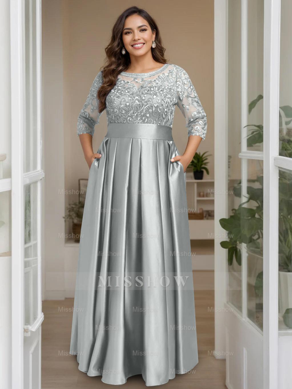 Plus Size Floor-Length Mother of the Bride A-Line Dress with 3/4 Sleeves Scoop Neck Bow & Sequins