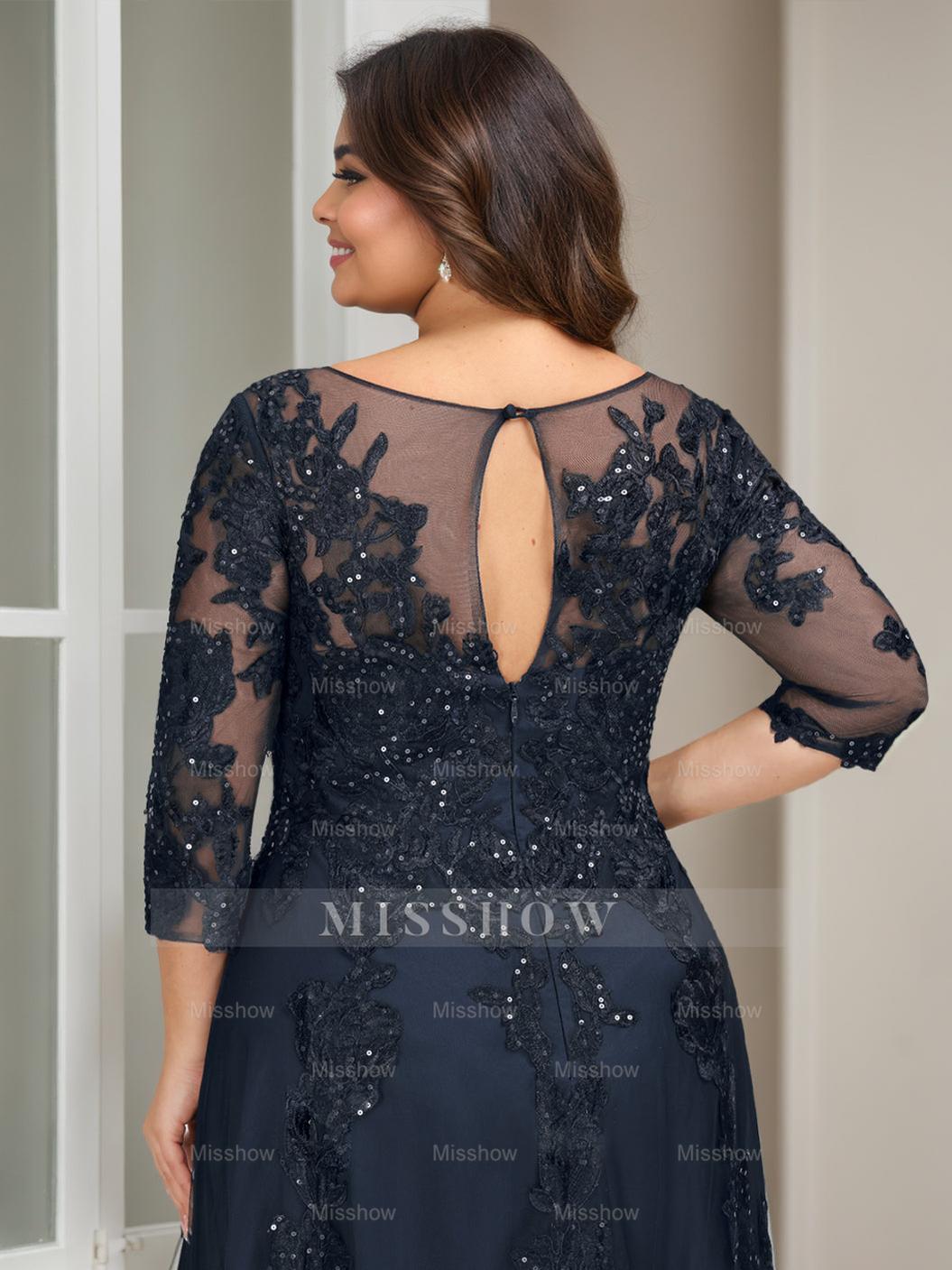 Plus Size Floor-Length Mother of the Bride A-Line Dress with 3/4 Sleeves and Sequins