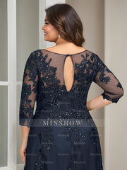 Plus Size Floor-Length Mother of the Bride A-Line Dress with 3/4 Sleeves and Sequins