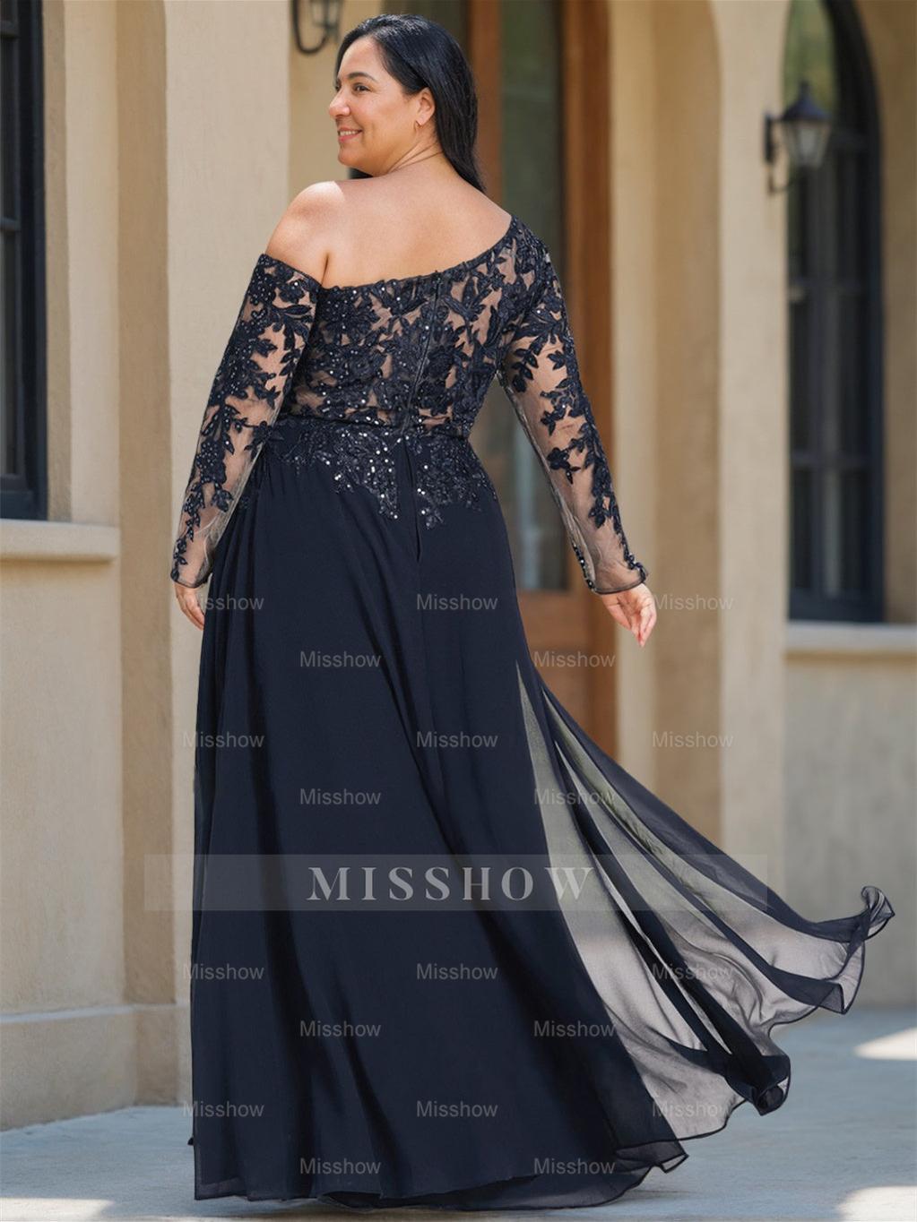 Plus Size Floor-Length Mother of the Bride A-Line Dress with One Shoulder and Long Sleeves Featuring a High Split