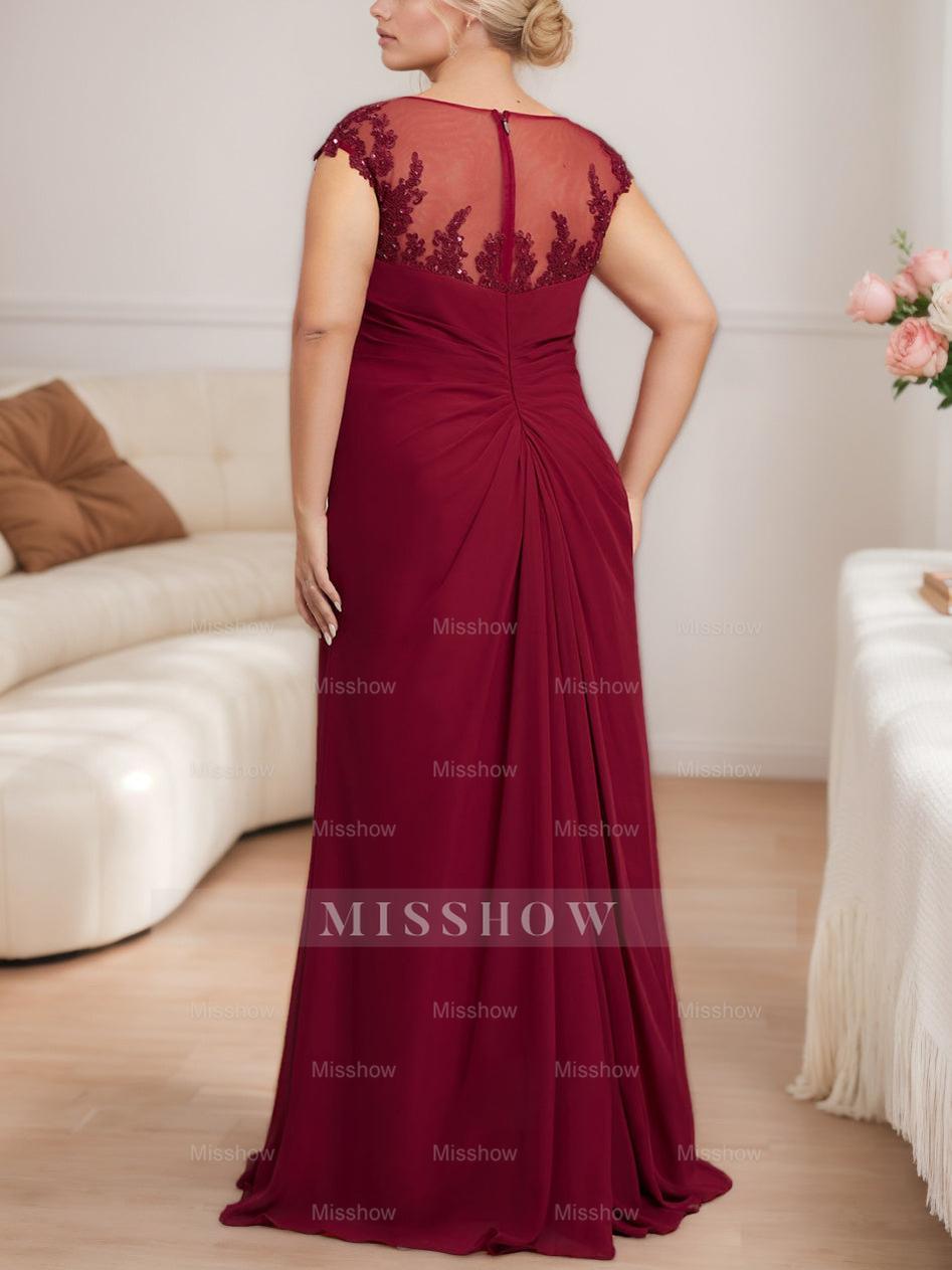 Plus Size Floor-Length Mother of the Bride A-Line Dress with Scoop Neck Cap Sleeves Beading Pleats & Sequins