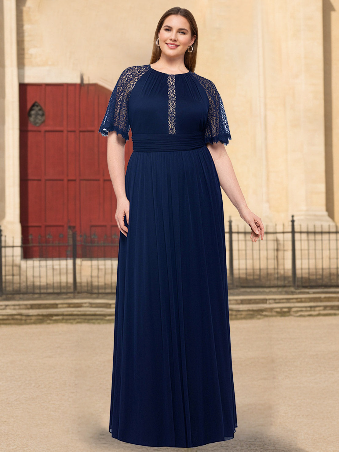 Plus Size Floor-Length Mother of the Bride A-Line Dress with Scoop Neck Half Sleeves Ruffles and Lace