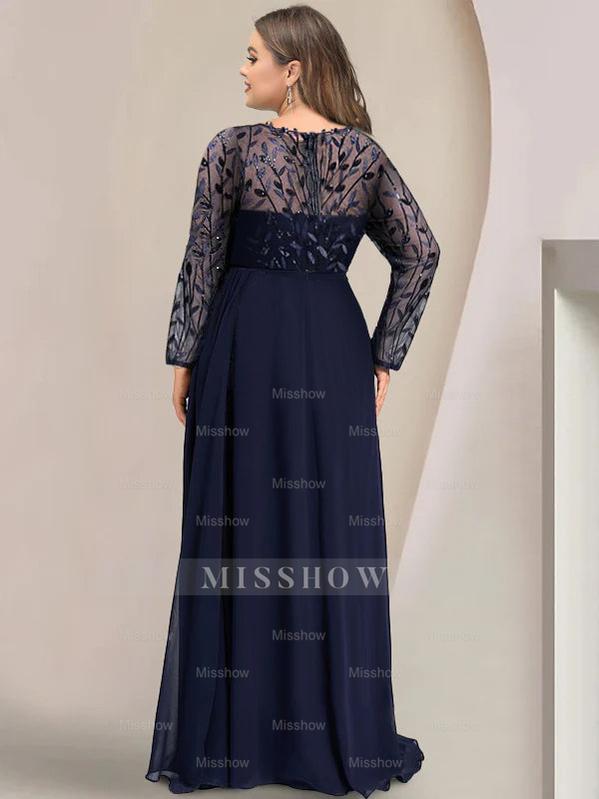 Plus Size Floor-Length Mother of the Bride A-Line Dress with Scoop Neck Long Sleeves Side Split Ruffles & Sequins