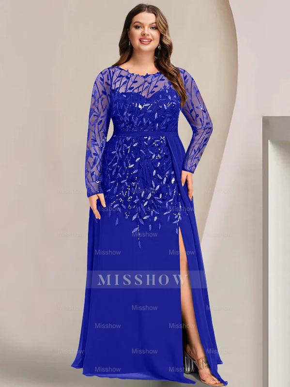 Plus Size Floor-Length Mother of the Bride A-Line Dress with Scoop Neck Long Sleeves Side Split Ruffles & Sequins