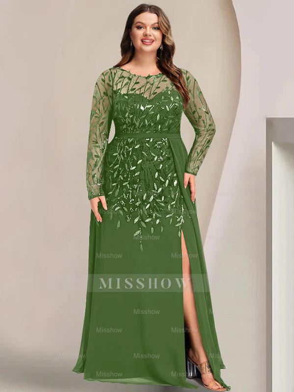 Plus Size Floor-Length Mother of the Bride A-Line Dress with Scoop Neck Long Sleeves Side Split Ruffles & Sequins