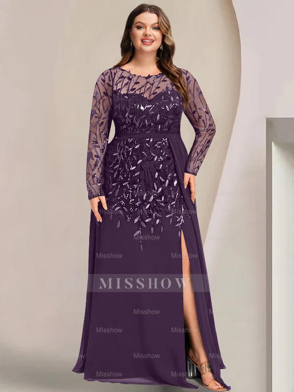 Plus Size Floor-Length Mother of the Bride A-Line Dress with Scoop Neck Long Sleeves Side Split Ruffles & Sequins