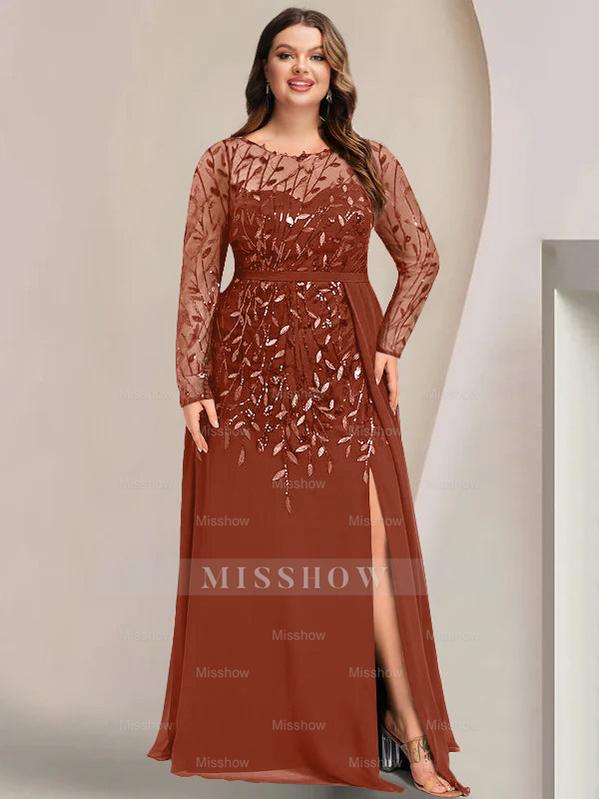 Plus Size Floor-Length Mother of the Bride A-Line Dress with Scoop Neck Long Sleeves Side Split Ruffles & Sequins