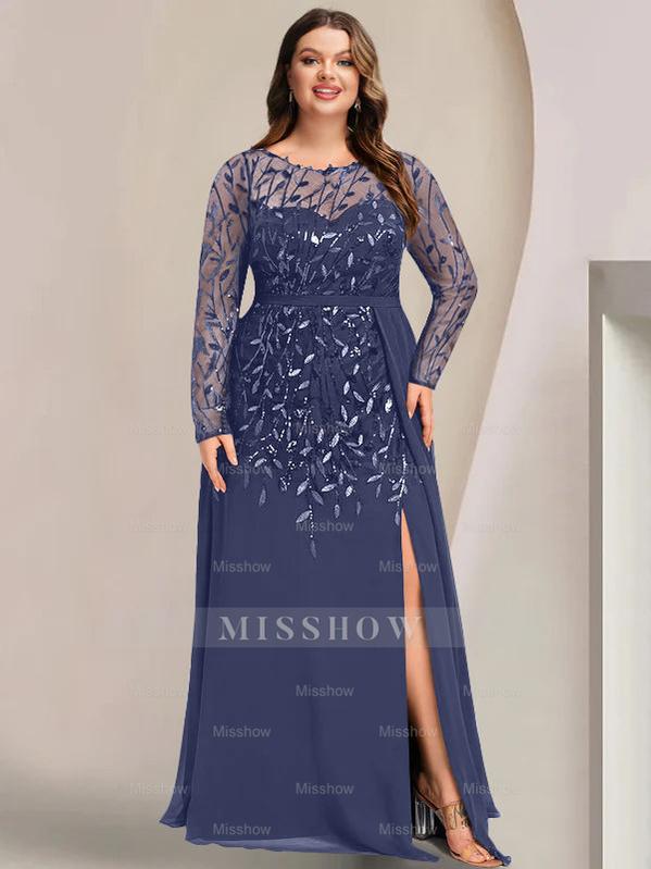 Plus Size Floor-Length Mother of the Bride A-Line Dress with Scoop Neck Long Sleeves Side Split Ruffles & Sequins