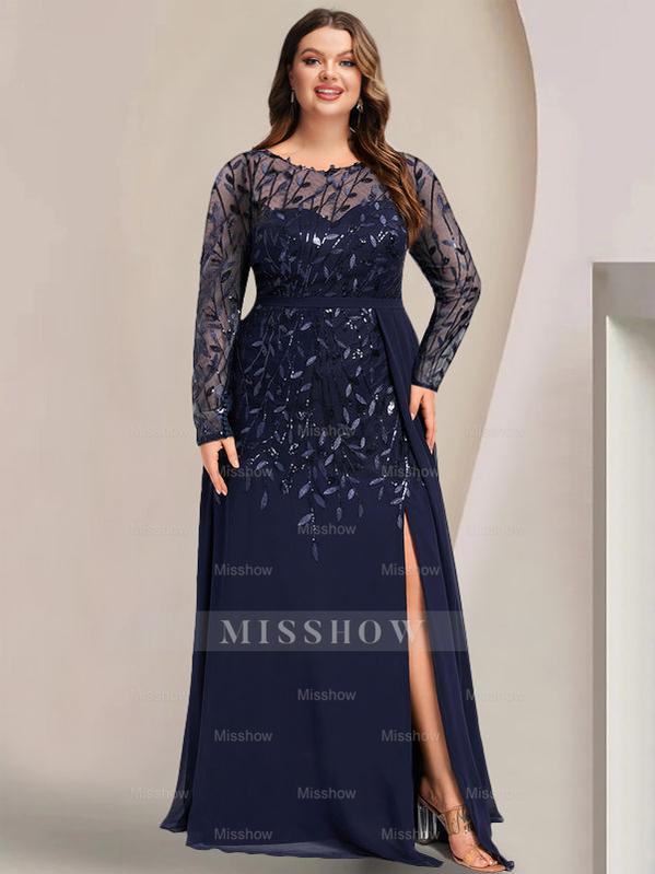 Plus Size Floor-Length Mother of the Bride A-Line Dress with Scoop Neck Long Sleeves Side Split Ruffles & Sequins