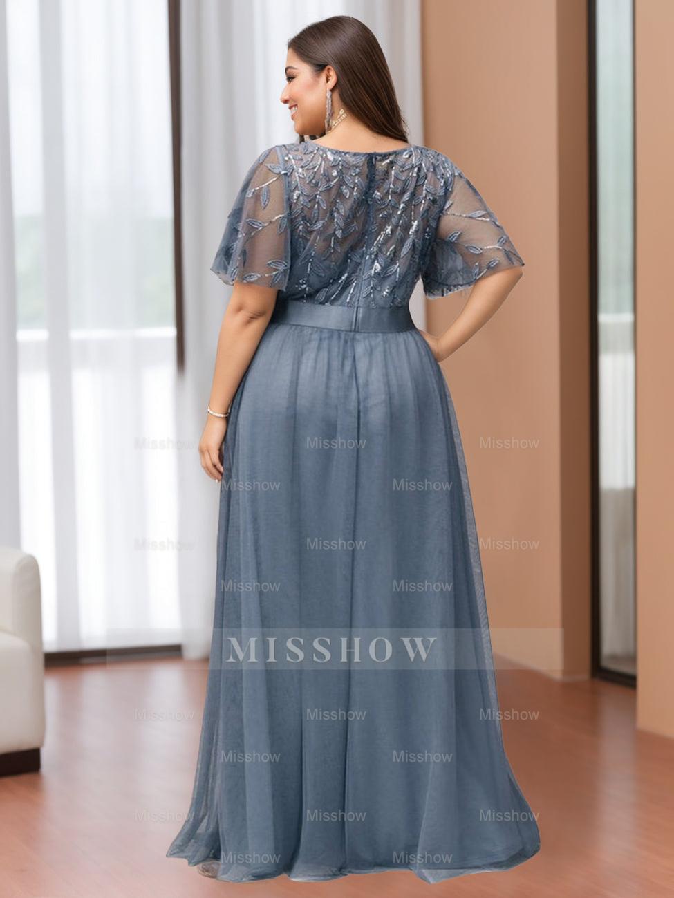 Plus Size Floor-Length Mother of the Bride A-Line Dress with Scoop Neck and Half Sleeves Featuring Appliques