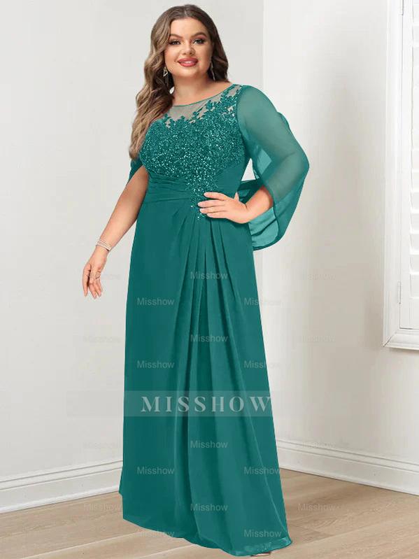 Plus Size Floor-Length Mother of the Bride A-Line Dress with Scoop Neckline Pleats and Sequins