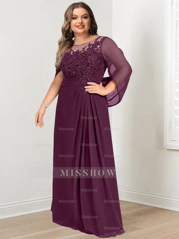 Plus Size Floor-Length Mother of the Bride A-Line Dress with Scoop Neckline Pleats and Sequins