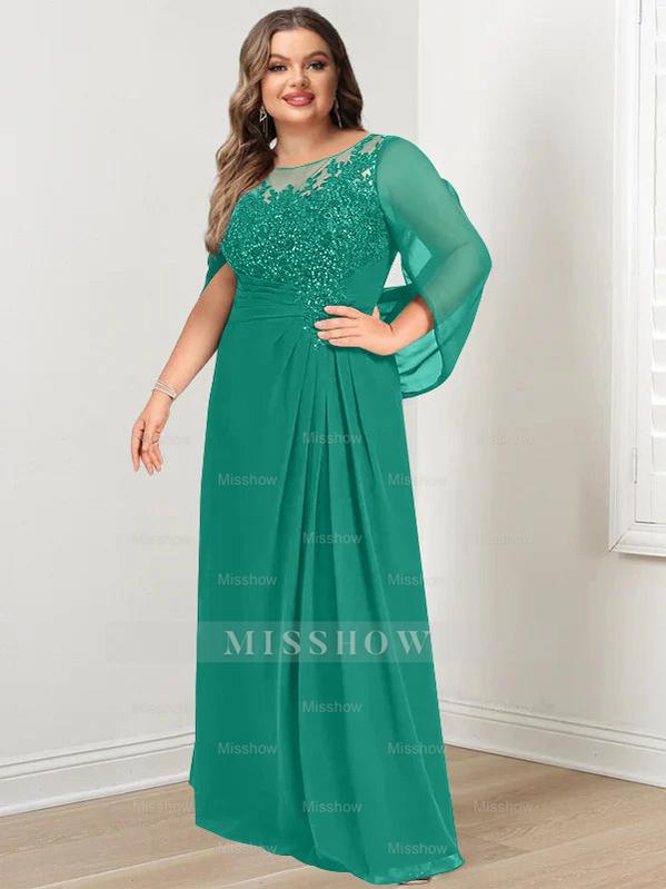Plus Size Floor-Length Mother of the Bride A-Line Dress with Scoop Neckline Pleats and Sequins