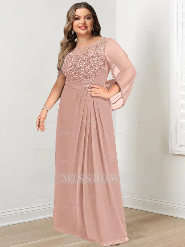 Plus Size Floor-Length Mother of the Bride A-Line Dress with Scoop Neckline Pleats and Sequins