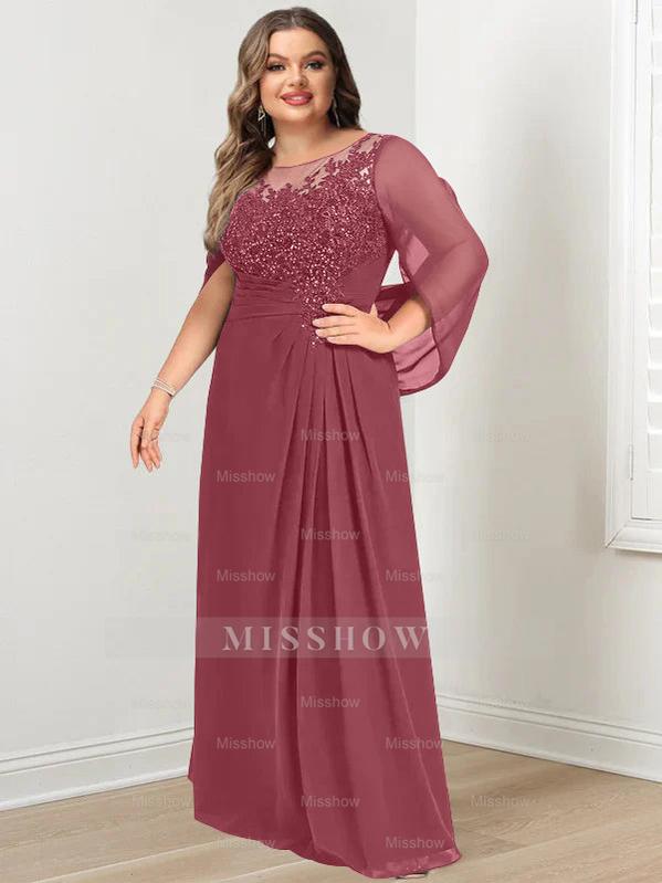 Plus Size Floor-Length Mother of the Bride A-Line Dress with Scoop Neckline Pleats and Sequins
