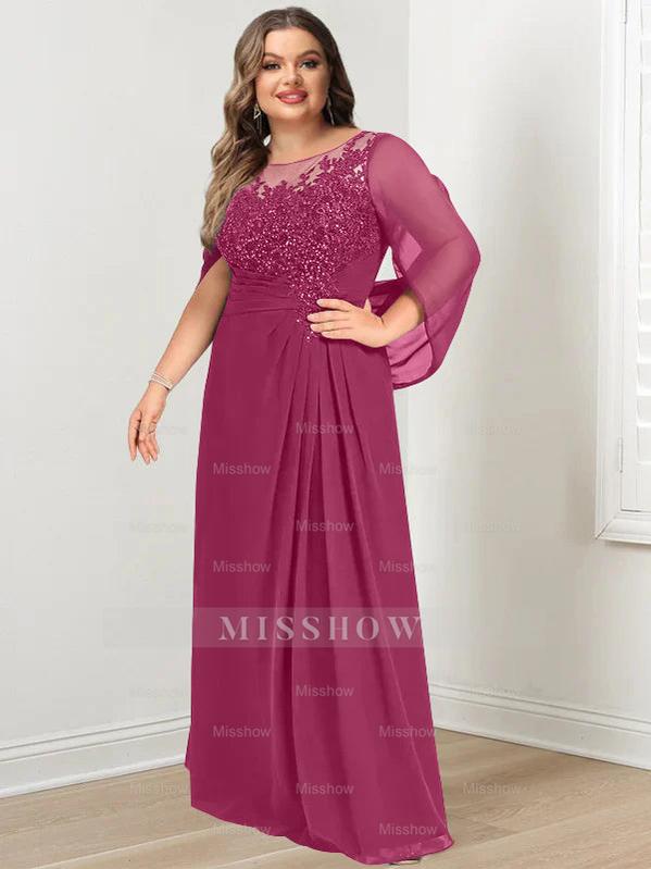 Plus Size Floor-Length Mother of the Bride A-Line Dress with Scoop Neckline Pleats and Sequins
