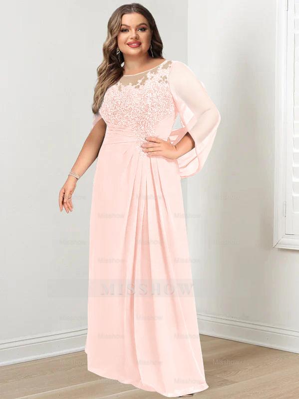 Plus Size Floor-Length Mother of the Bride A-Line Dress with Scoop Neckline Pleats and Sequins