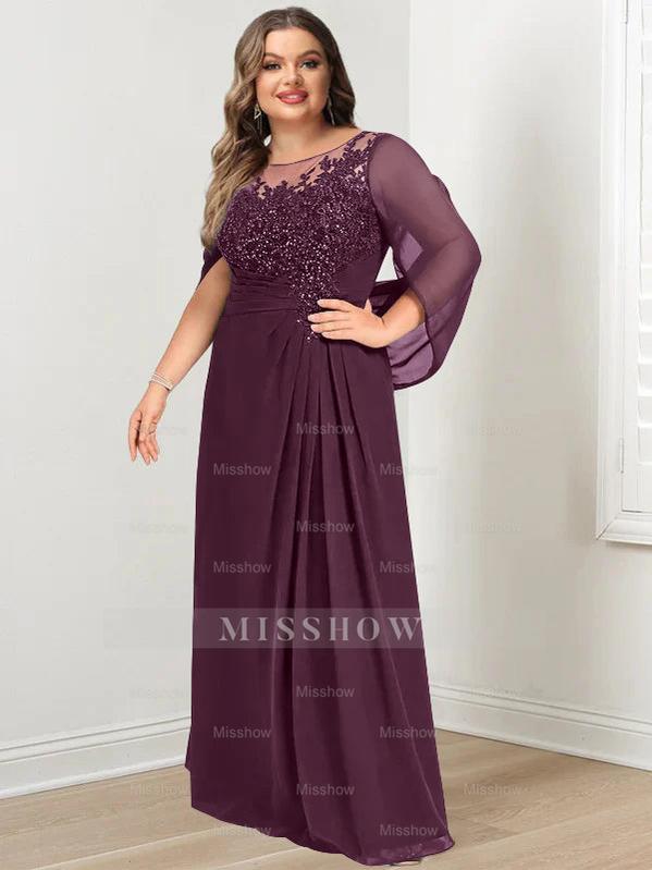 Plus Size Floor-Length Mother of the Bride A-Line Dress with Scoop Neckline Pleats and Sequins