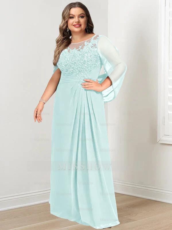 Plus Size Floor-Length Mother of the Bride A-Line Dress with Scoop Neckline Pleats and Sequins