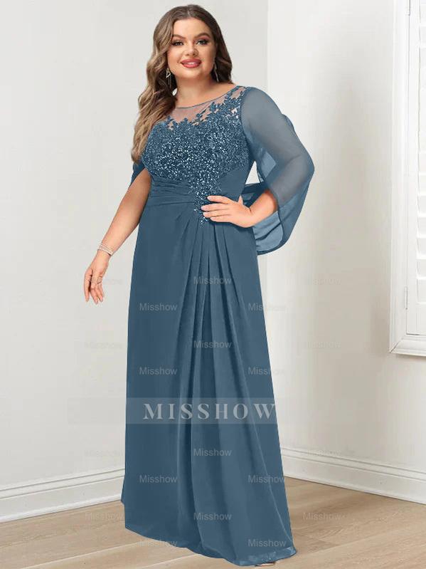 Plus Size Floor-Length Mother of the Bride A-Line Dress with Scoop Neckline Pleats and Sequins