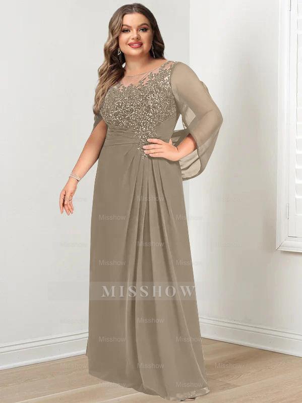 Plus Size Floor-Length Mother of the Bride A-Line Dress with Scoop Neckline Pleats and Sequins