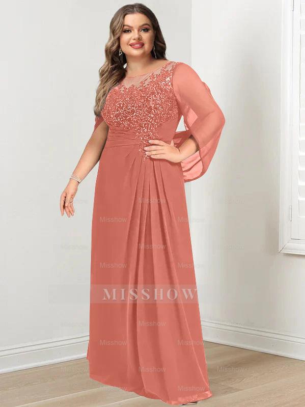 Plus Size Floor-Length Mother of the Bride A-Line Dress with Scoop Neckline Pleats and Sequins